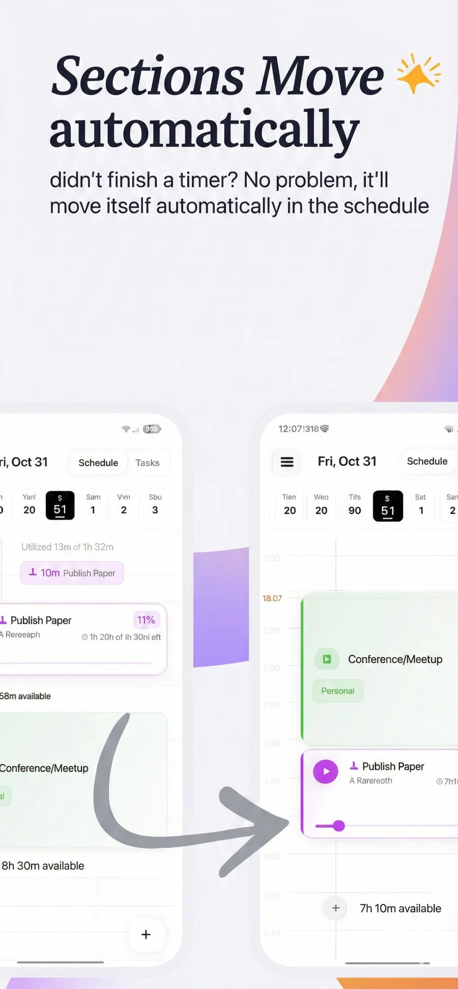 Thrive schedule planner moving an unfinished section forward